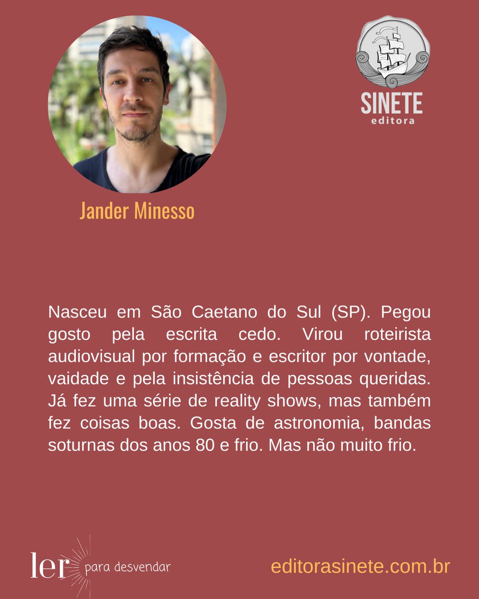 EditoraSinete's tweet photo. Jander Minesso é um dos participantes da antologia “Esboços e rupturas”, que está em pré-venda.   

Para mais informações e adquirir seu exemplar com desconto: https://t.co/YoBQek2mc3 

#janderminesso #cronicadodia #editorasinete #acontecenoslivros #lerparadesvendar https://t.co/1sA9nEOydj