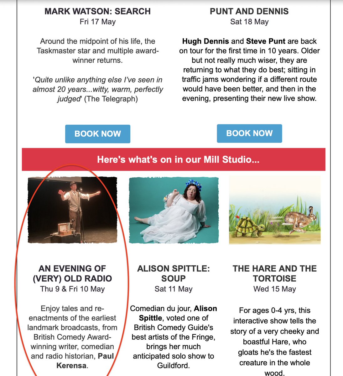 Always nice to share a page of an @YvonneArnaud mailshot with me old chums @markwatson & Punt & Dennis. Mine's on tomorrow in the little room. Theirs is next week in the big room. See them all! yvonne-arnaud.co.uk/whats-on/very-…