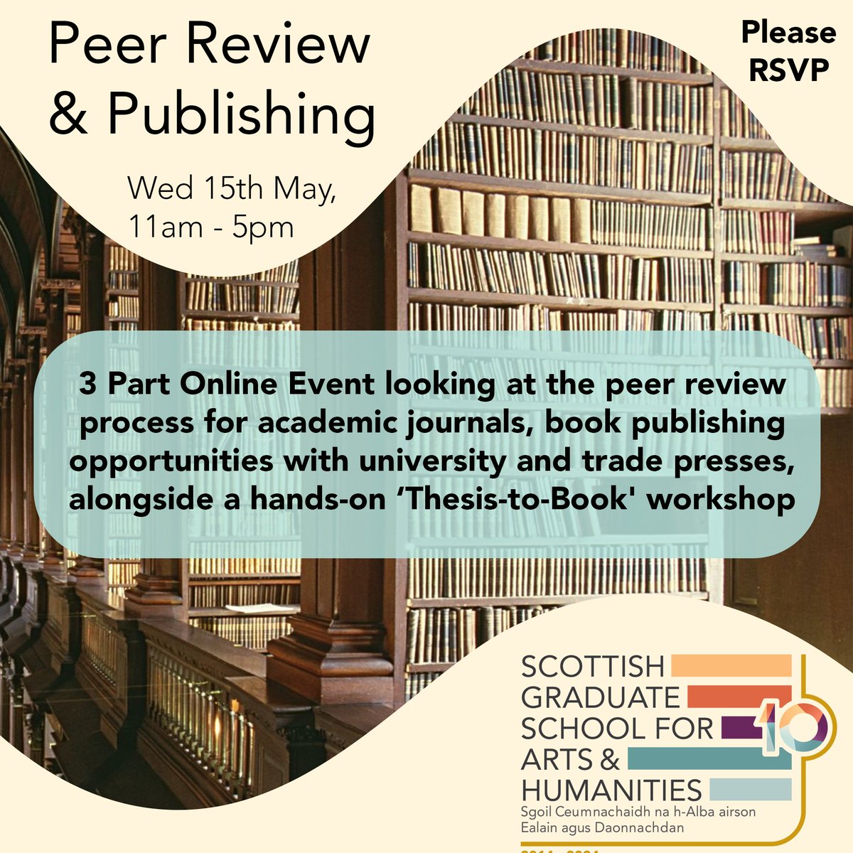 ⏰ Only 1 week left to go!

Remember to RVSP to 'Peer Review &amp; Publishing', a 3-part online event on Wed 15 May! 🗓️ 

Open to Scotland-based arts &amp; humanities doctoral  researchers! Attendees welcome to sign up for the whole day or just 1 session! 📚 

🔗 tockify.com/sgsah/detail/2…