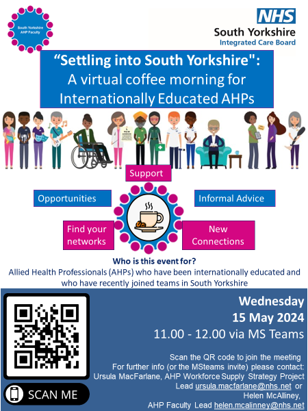 UKMacFarlane's tweet photo. 📢Reminder: Internationally educated AHPs
💻☕️ SY virtual coffee morning
🗓️ Wed 15 May
🕚 11 - 12
🔗 No need to register - just join via this https://t.co/lb3xbr3WMs or the QR code on the poster
(or contact me for the MS Teams invite)
🙏share in your teams 
#AHPRetention https://t.co/9cQbuiAdD0