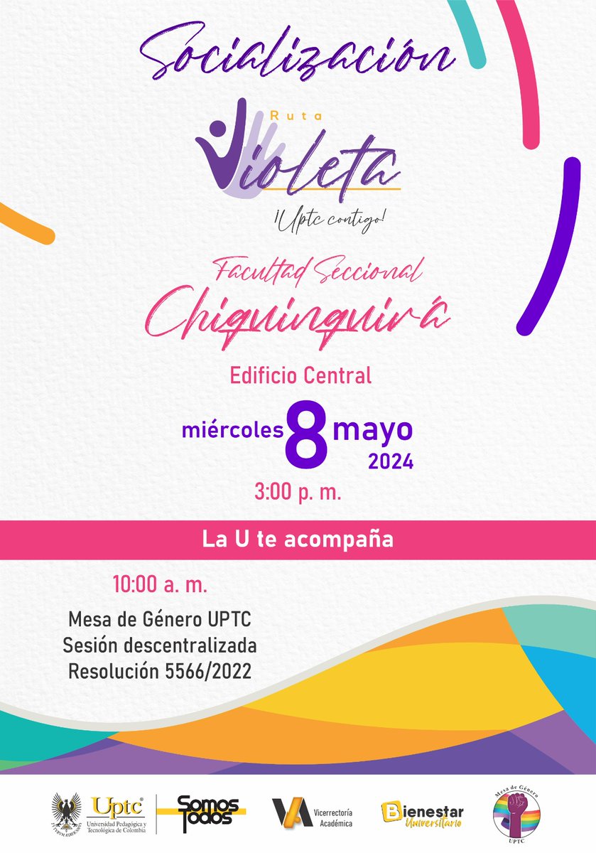 📅 #EventosUPTC | La Vicerrectoría Académica y la Mesa de Género, te invitan a participar activamente en la socialización del Protocolo de Atención Integral a VBG y Discriminación 🕊️ Te esperamos este 08 de mayo, desde las 3:00 p.m. en el Edificio Central, #UPTCChiquinquirá 👍