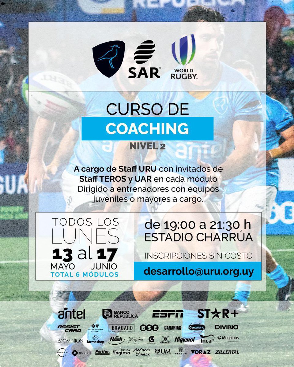 ✔️ Curso de Coaching - Nivel 2 𝗨𝗥𝗨 - 𝗪𝗢𝗥𝗟𝗗 𝗥𝗨𝗚𝗕𝗬 📆 Todos los lunes, desde el 13 de mayo al 17 de junio. ⏰ 19:00 a 21:30H - Estadio Charrúa 🏟️ 📌 Inscripciones: desarrollo@uru.org.uy