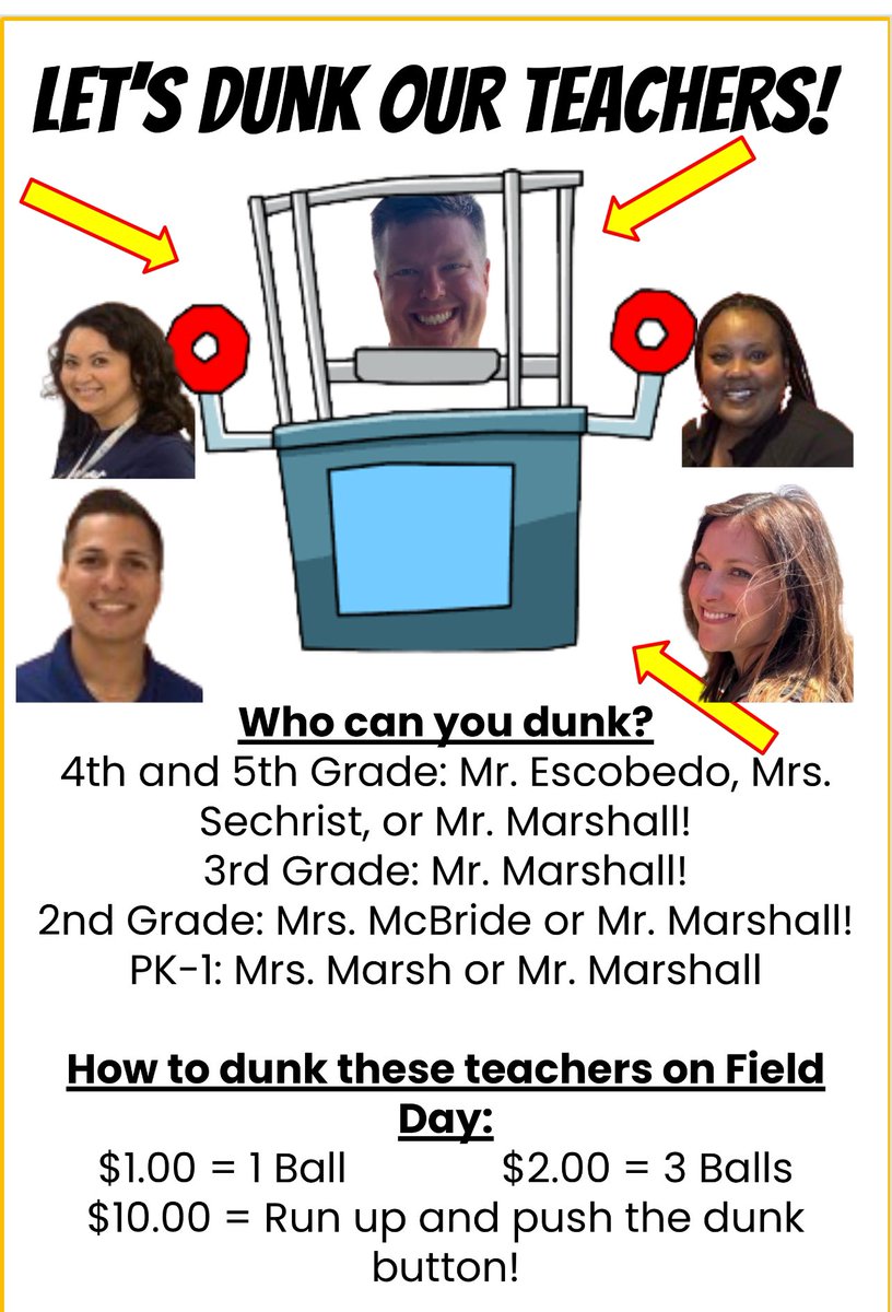 Who can’t wait to dunk some teachers on Friday? Mr. Marshall is also getting in the dunk tank too, but who wants to dunk the principal when you can dunk a teacher! 🤣 $1 for one ball $2 for three balls $10 to run up and press the button! #DunkTheTeachers #KeepMarshallDry