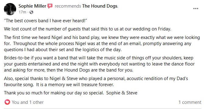 What a wonderful day we had playing at the wedding of the lovely Sophie and Steve last weekend! Thanks for the amazing review :-)