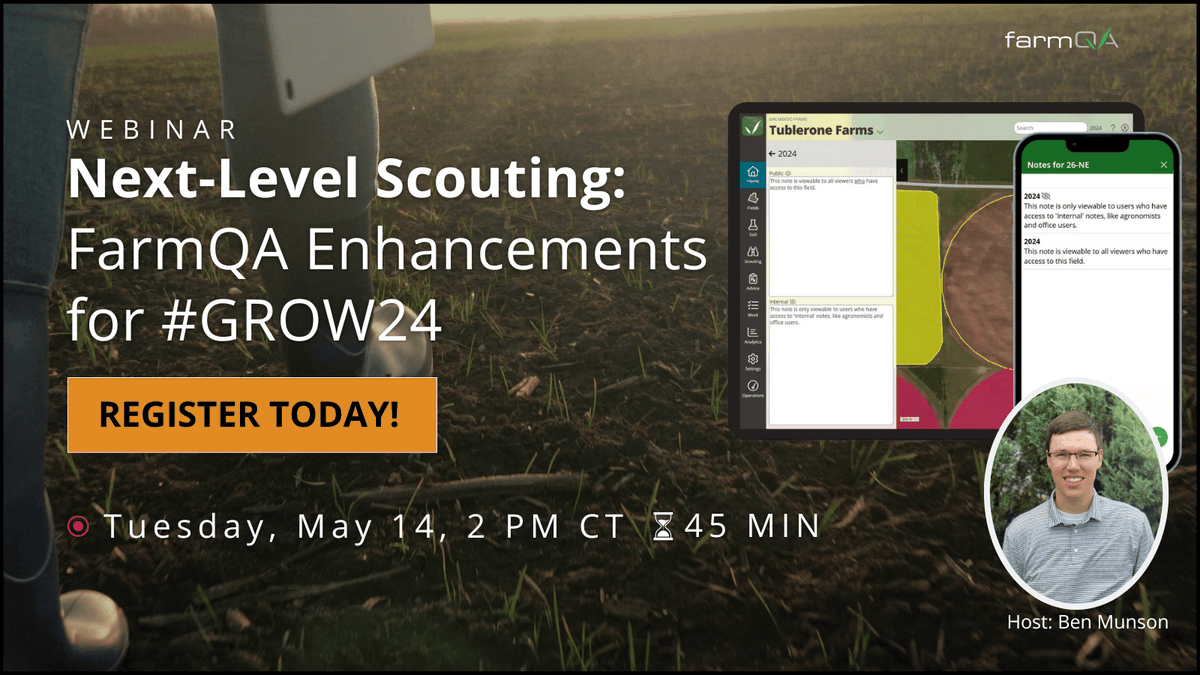 **Scouting upgrade alert! **  Join our FREE webinar &amp; unlock FarmQA's new features for a smoother #GROW24.  bit.ly/3wgAPmd  #agtech  #agriculture