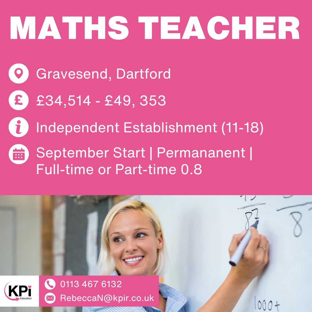 **MATHS TEACHER** Dartford. Up to £49,353 p/a

Call 0113 467 6132 or email RebeccaN@kpir.co.uk to apply.

Visit bit.ly/KPIEduJob to find MORE Jobs like this!

#MathsTeacher #TeachingJobs #EducationJobs #GravesendJobs #DartfordJobs #KPIRecruiting