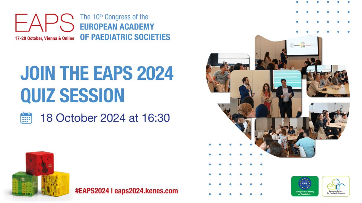 Join the EAPS 2024 Quiz Session! 📅 18 Oct, 16:30. Join team, test your #paediatrics skills, and enjoy a thrilling competition at #EAPS2024. Connect, compete, and win awesome prizes! 🏆 ▶️ More info: bit.ly/4b7KSZd #EAPS10Years #PedsICU @espr_esn @EAPaediatrics