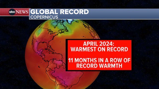 ICYMI this morning when we shared on @GMA but April was again the warmest on record for our planet. This marks 11 months in a row that earth’s average temperature (not your backyard) is record warm. More info at @CopernicusEU