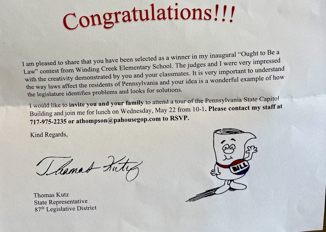 Winding Creek Elementary School (@wc_wolfpack) on Twitter photo 📝Future Lawmakers of America📝
5th graders at Winding Creek wrote laws they are passionate about! We are so proud of our 3 winners who received a letter from State Rep. Lutz and will have a Capitol tour with their families! Wolfpack Proud!! <a href="/CVSDnews/">Cumberland Valley SD</a> 📝Future Lawmakers of America📝
5th graders at Winding Creek wrote laws they are passionate about! We are so proud of our 3 winners who received a letter from State Rep. Lutz and will have a Capitol tour with their families! Wolfpack Proud!! <a href="/CVSDnews/">Cumberland Valley SD</a>