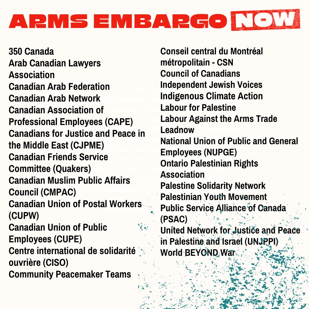 Join thousands calling on the so-called Canadian government to impose a full and immediate arms embargo on Israel. ✊🏽🪶🇵🇸 Have your organization or union become a signatory: armsembargonow.ca #ArmsEmbargoNow #FreePalestine