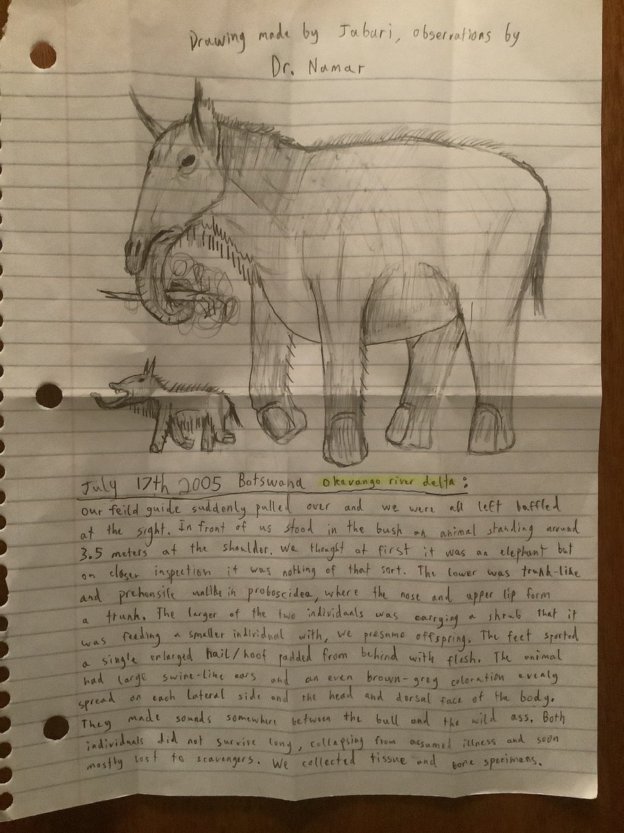 #WEHOFILES
This is the only known instance of an animal WEHO calls 'Equutherium.' This is a firsthand account written by Dr. Namar and drawn by the skilled field guide Jabari Hone. It goes into detail about the encounter. I do not know where the remains are held currently.