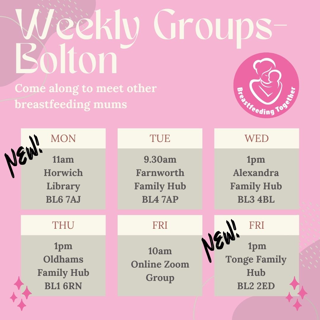 Bf2gether's tweet photo. #weeklygroups
Come along to any of our weekly groups- 
🌸 meet other mums
🌸 breastfeeding support available 
🌸 lots of toys and space 
🌸 siblings welcome
🌸 refreshments available
🌸 free to attend
🌸 no need to book!

Please share!!! 

#Wigan #Bolton https://t.co/A0EuZ6WCUG