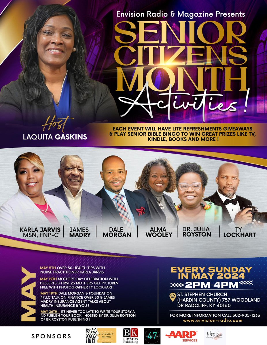 Join us for this conference for the Senior Citizen Month Activities Every Sunday in May 2024 from 2-4pm. Located on the Hardin County Campus, 757 Woodland Dr. Radcliff, KY 40210. #ssclive @kwcosby