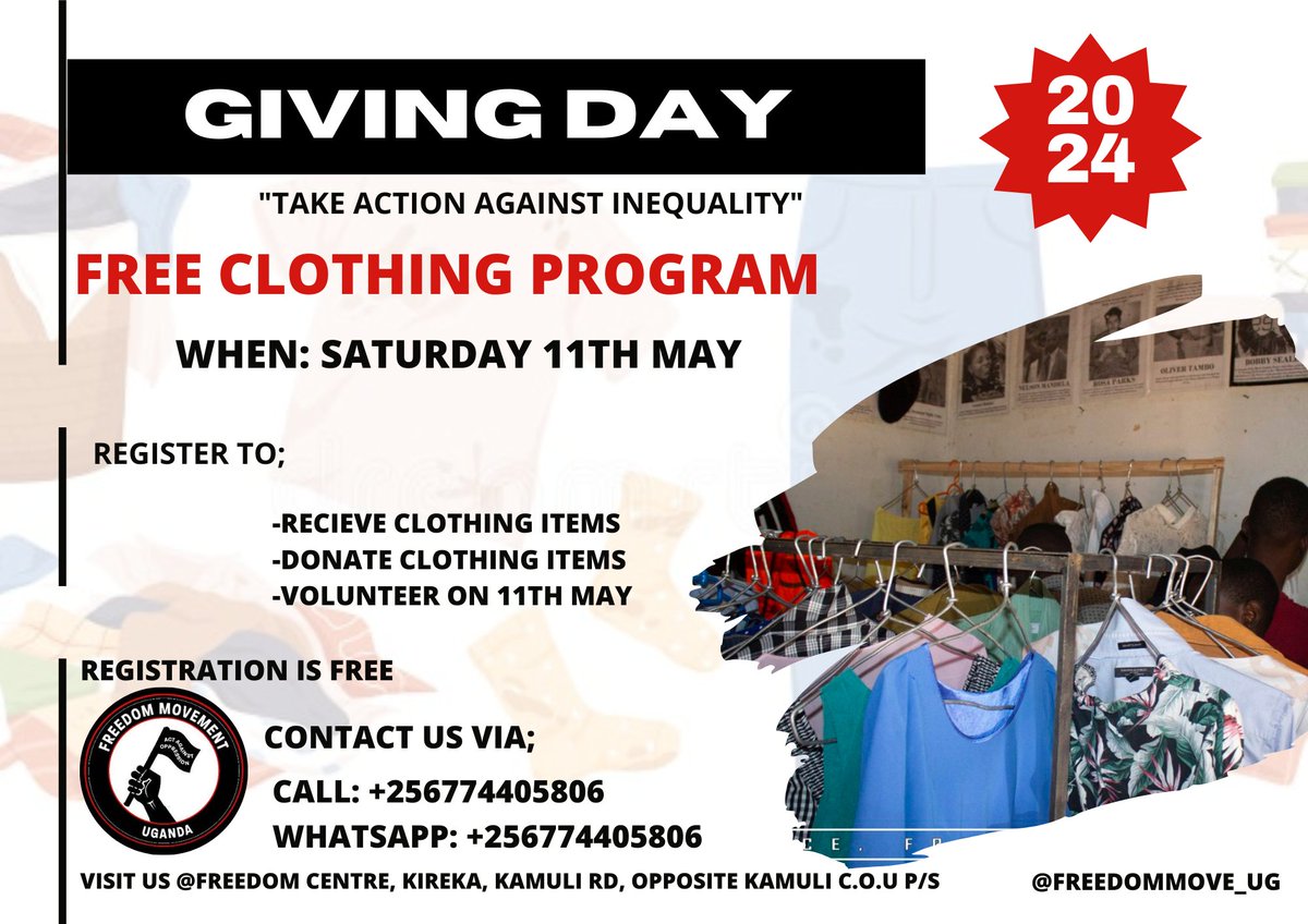 MAY GIVING DAY! This Saturday be there or nowhere. You can participate by sharing a word, donating or mobilizing clothing items, and volunteering on the Giving Day. It's Saturday 11th May 2024. Let's create the difference together by bringing down systemic oppression.