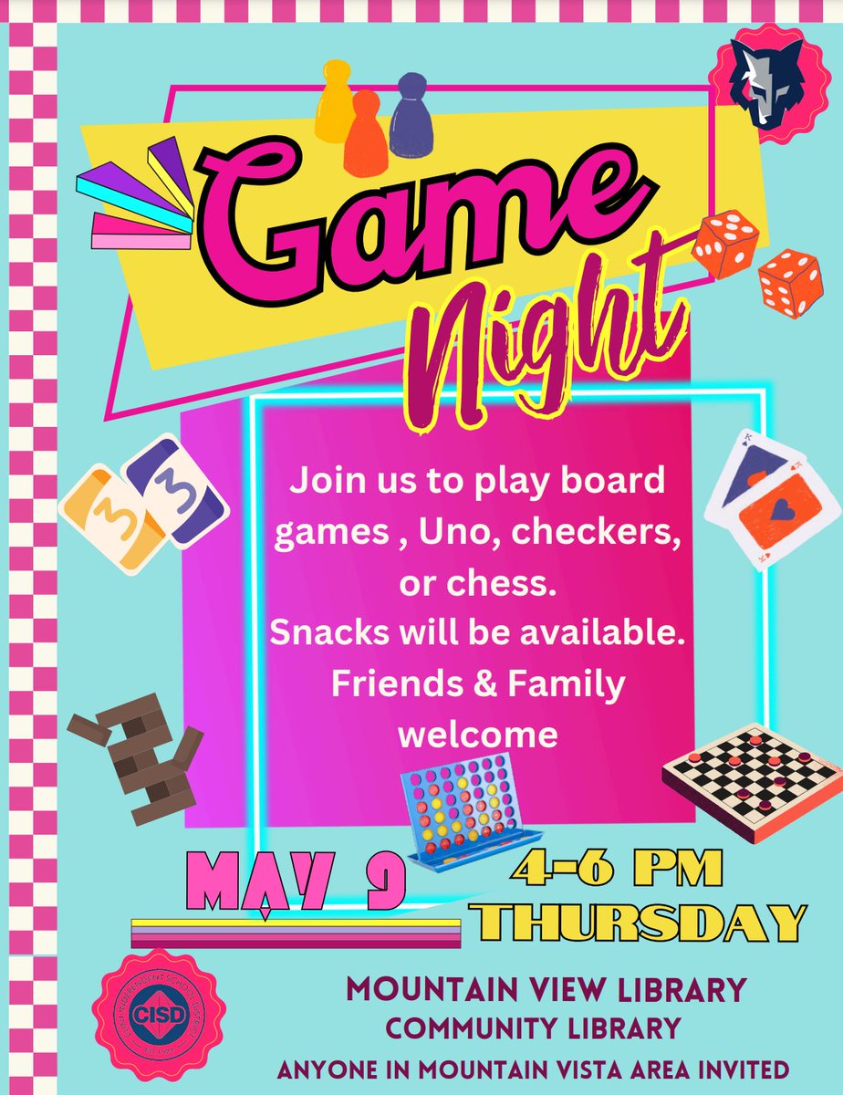 EdTech_ObeOne's tweet image. Calling all Montana Vista families!  Join the @LobosLibrary for Family Game Night at the MVHS Library this Thursday. Play Uno, checkers, chess, dominoes & more! Light snacks on them.  Bring your little ones - the more the merrier!  #LobosWillBeHeard #ClintTech #CommunityLibrary
