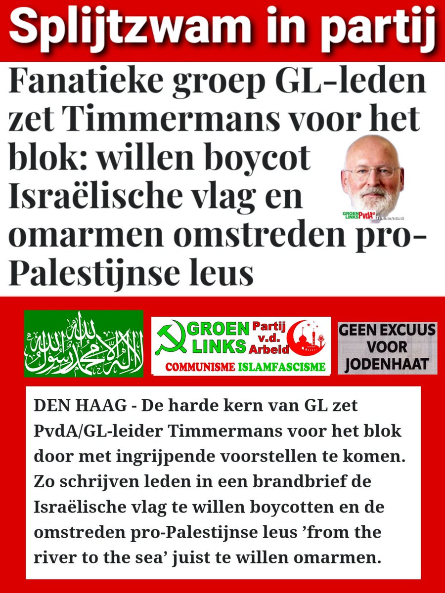 Hysterische #Groenlinks leden chanteren #Timmermans. Ze propageren #Jodenhaat. Afschuwelijk. Het zegt alles over deze gifgroen islam-fascistische partij. Een volledige fusie met de #PvdA is derhalve een doodlopende weg!