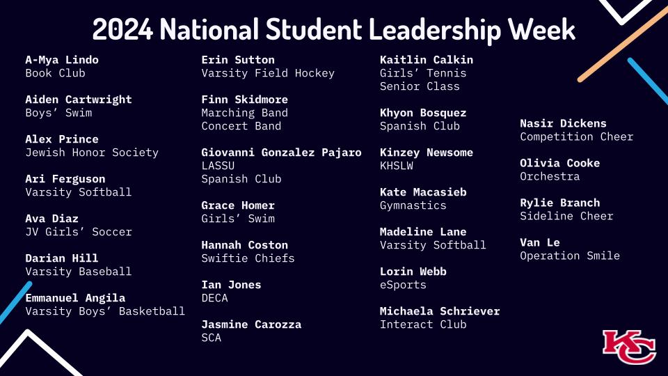 Congratulations to the following students who were recognized by their coach or adviser in honor of National Student Leadership Week! #chiefKHSpride