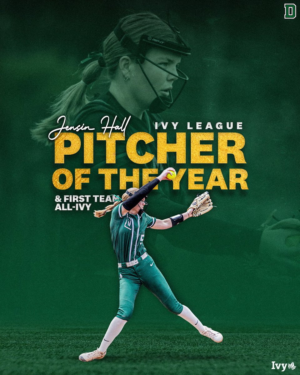 The first first-year to be named @IvyLeague Pitcher of the Year since 2003! The accolades keep piling up for @jensin_hall 🔗: dartsports.co/3UPmiqN | #GoBigGreen