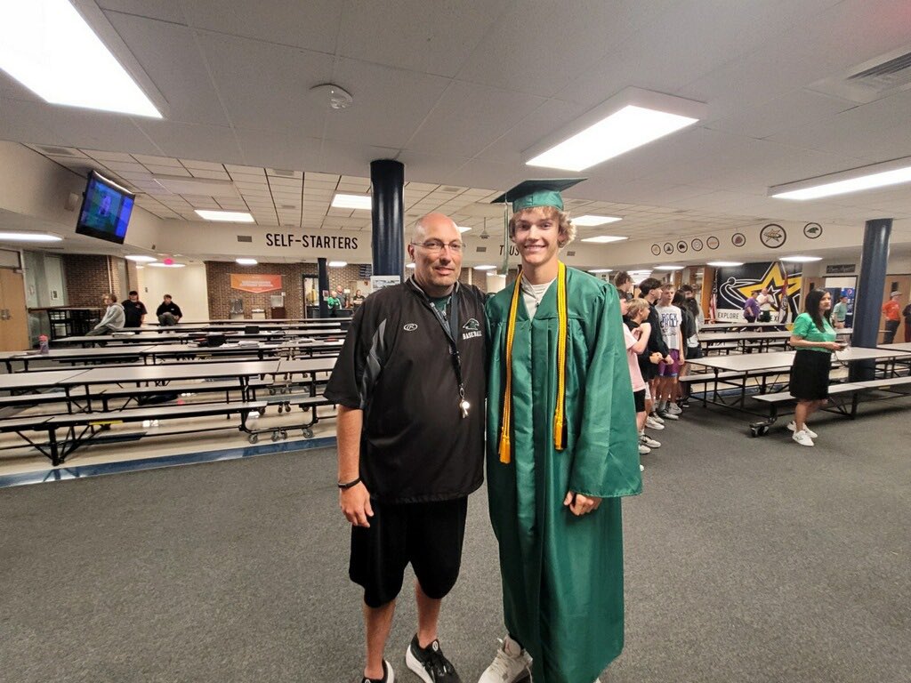 Coach Rule had some visitors today over at New Mark. Congratulations to our seniors today as the enjoy their last day of school at Staley HS. @SHSFalcons