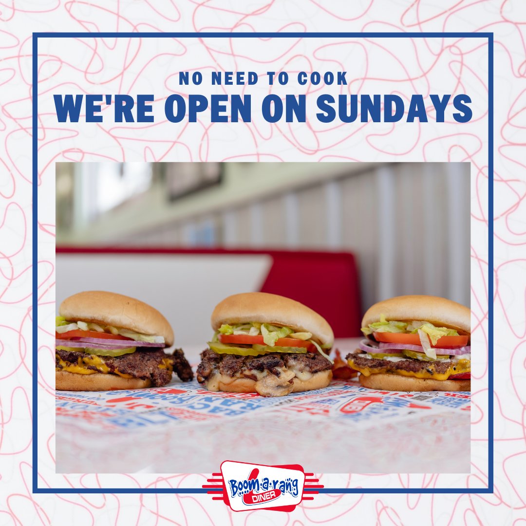 No need to cook on Sundays, let us do the work! Stop by your nearest Boomarang Diner and enjoy a delicious meal. Open Sunday 8 a.m.-2 p.m.

#KeepComingBack #ItAll StartsHere #EatLocalOK #TasteOfOklahoma #OklahomaFoodies #SupportLocalOK
