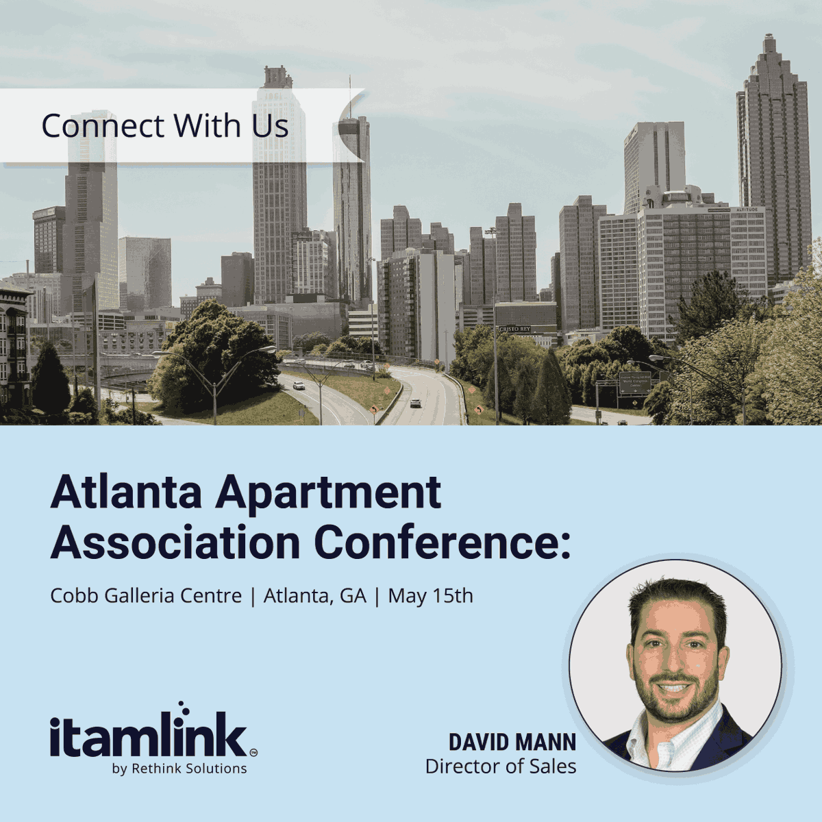 RethinkSolution's tweet photo. We're thrilled to announce that David Mann, our Director of Sales will be attending the Atlanta Apartment Association Conference next week!
Connect with David to learn more about itamlink's innovative property tax solution.
#itamlink #AltusGroup #RealEstate #PropertyTax #REIT https://t.co/nPeIkGQoyJ