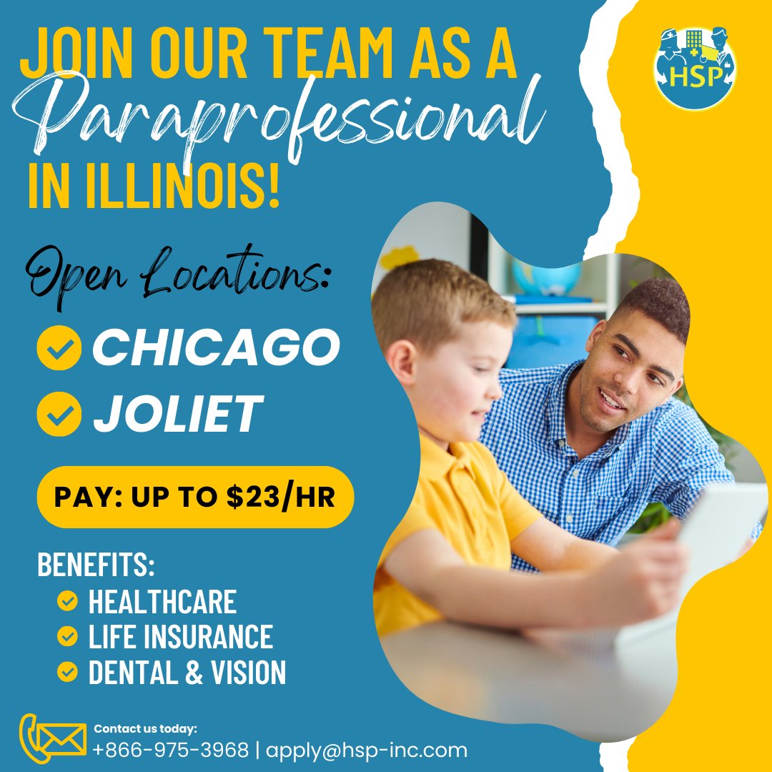 HSP has exciting opportunities for Paraprofessionals in Joliet and Chicago, IL!🎓💼 Join us and benefit from a competitive pay rate of up to $23/hour, plus fantastic benefits! Send your resume to apply@hsp-inc.com or message us directly for details! #JoinOurTeam