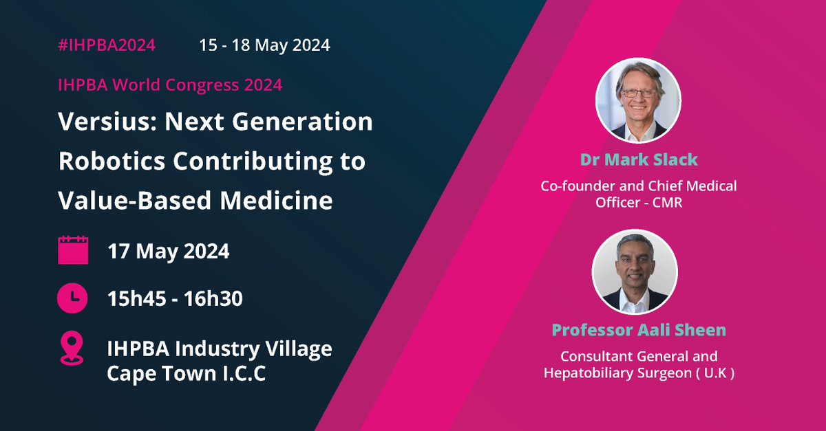 We’re looking forward to the @IHPBA Congress! Our co-founder/CMO, @DrMarkSlack and Professor @aalisheen will be discussing #Versius and how robotics contributes to value-based medicine. Hope to see you there! Book your 1:1 #Versius demo by emailing: robotics@marcus.co.za
