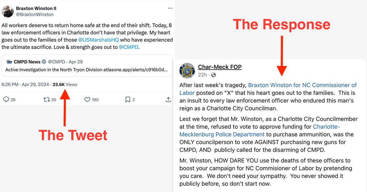 Dem. candidate for NC labor commissioner Braxton Winston's tweet following the death of four police officers was not received positively by Charlotte Police. #ncpol
