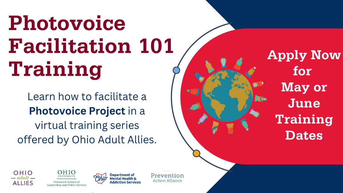 Ohio Adult Allies invites you to learn to utilize Photovoice to foster connection, dialogue, and community insight to drive positive change. Apply to attend 3 virtual sessions, 2 hours each, in either May or June: ohio.qualtrics.com/jfe/form/SV_9L…