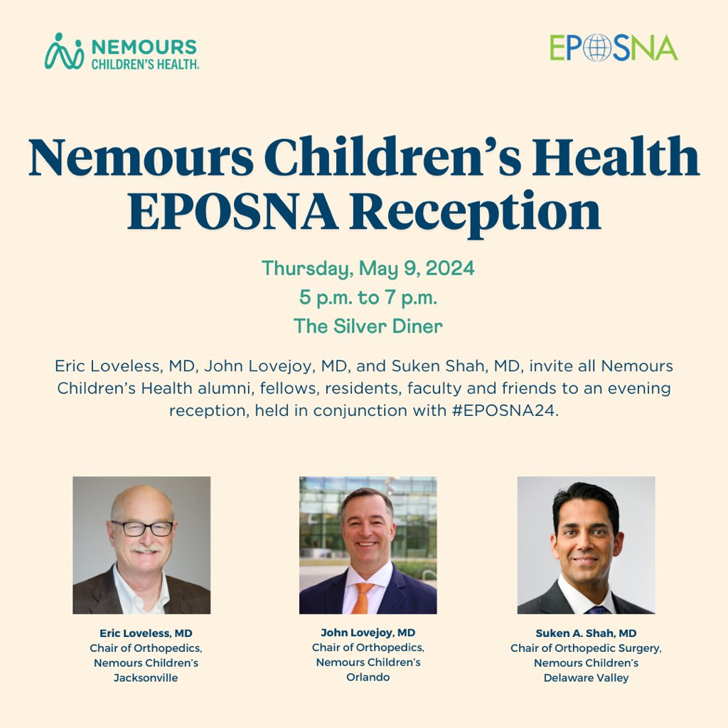 TOMORROW 5-7pm: Nemours Children’s Health invites all alumni, fellows, residents, faculty and friends to a reception, held in conjunction w/ #EPOSNA24 , at the Silver Diner down the street @Nemours