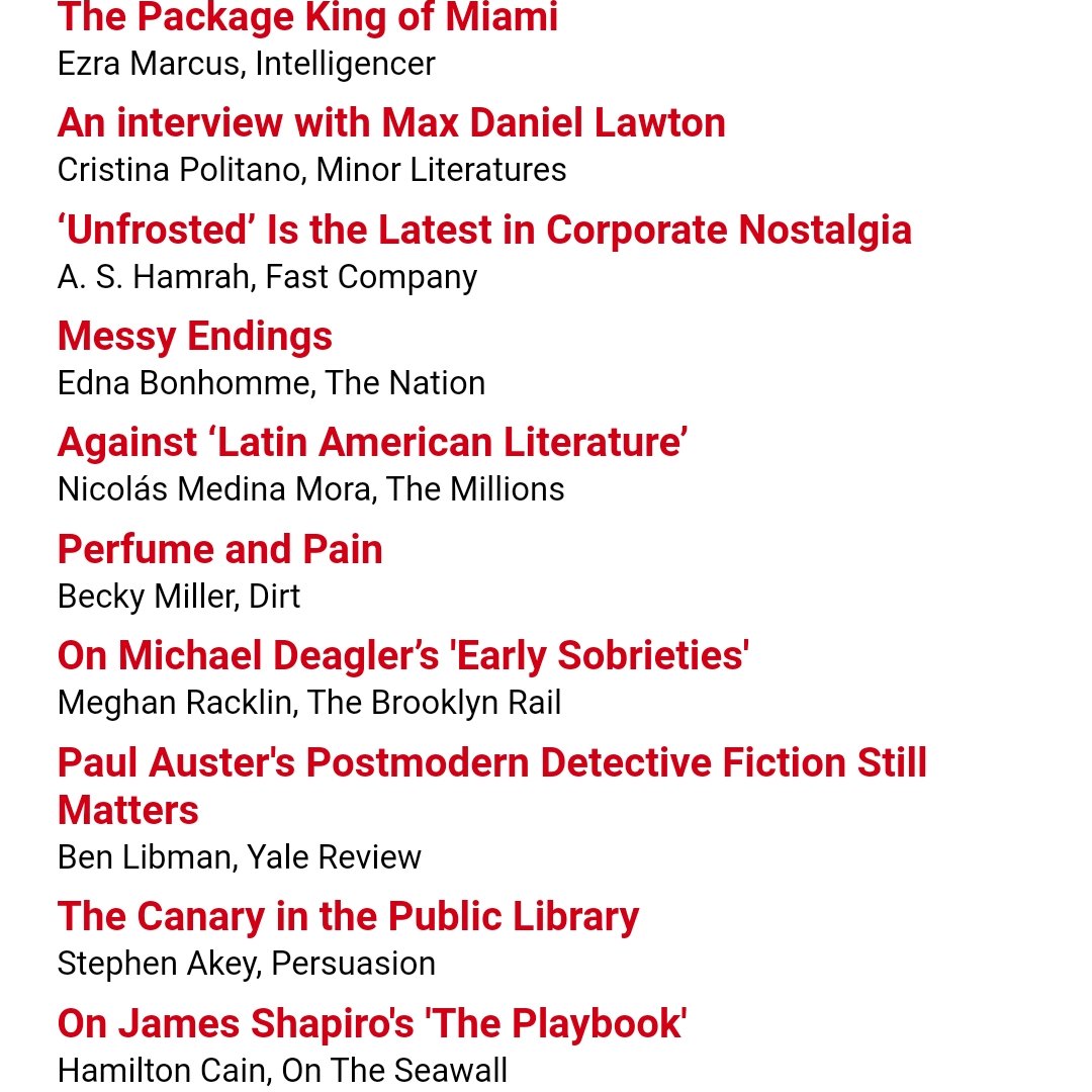 realclearbooks.com Wednesday reads: @ezra_marc for @intelligencer, @monalisavitti for @MinorLits, @jacobinoire for @thenation, @MedinaMora for @The_Millions, @becky_mills8 for @dirtyverse, @meghan_racklin for @TheBrooklynRail, @benlibman for @yalereview, and many others.