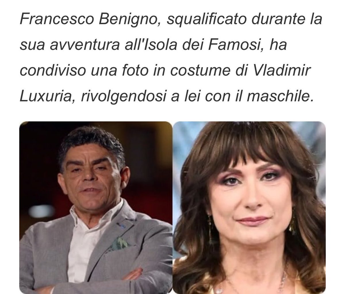 Non fa altro che ripetere di non essere razzista o omofobo,e poi continua imperterrito ad offendere la conduttrice del programma dal quale è stato giustamente squalificato, che gli ha permesso di partecipare volendolo fortemente nel cast.

È uscita la sua vera natura.
#isola