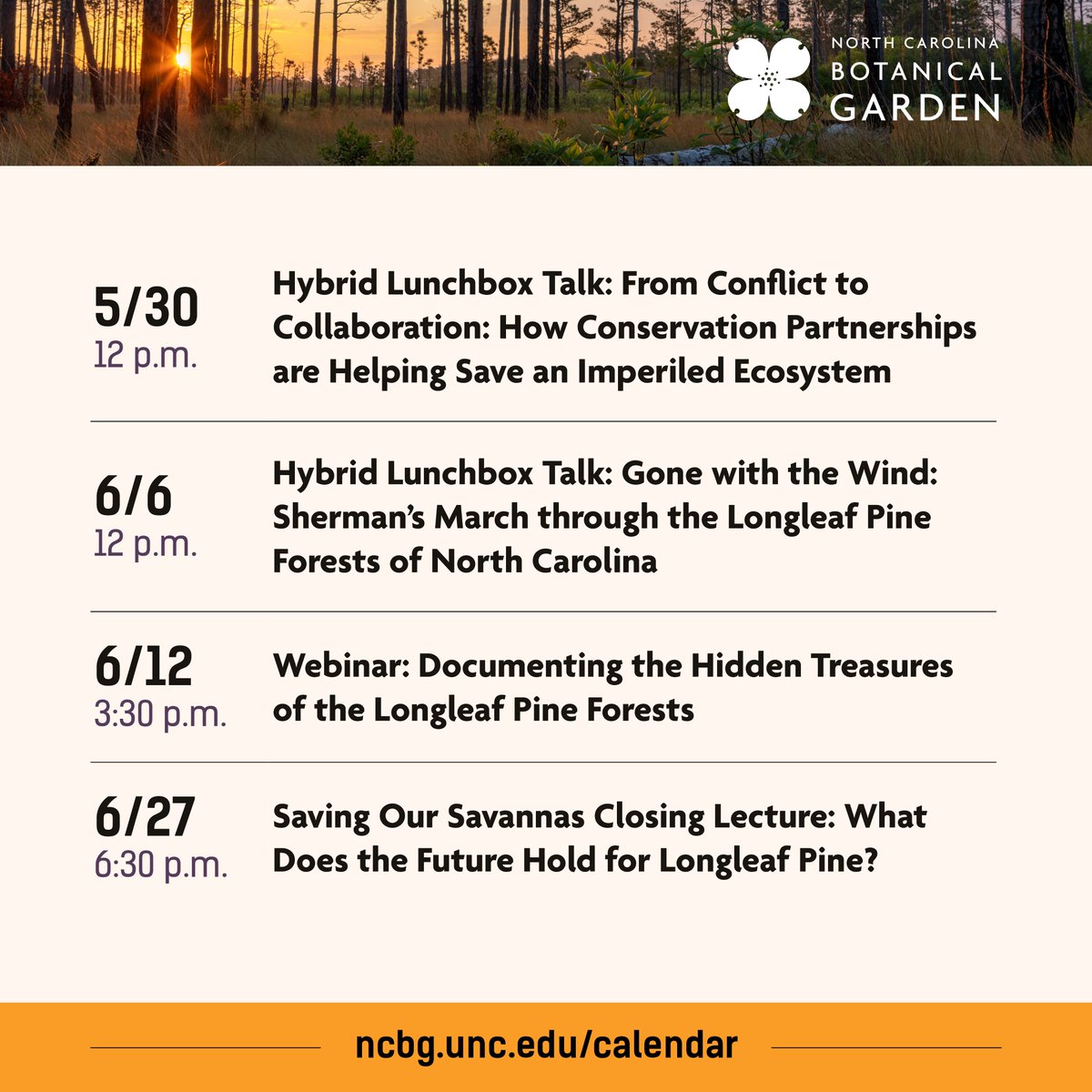 We've got lots of of #SavingOurSavannas events coming up, including two tomorrow (Thursday 5/9)! Most of these programs are free to attend, and many have a Zoom option. Learn more and register at ncbg.unc.edu/calendar.