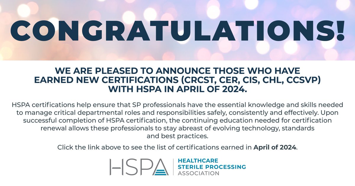 Click the link to see the certifications.
myhspa.org/certification/…
#MyHSPA #HSPA #SterileProcessing #SPD #InfectionControl