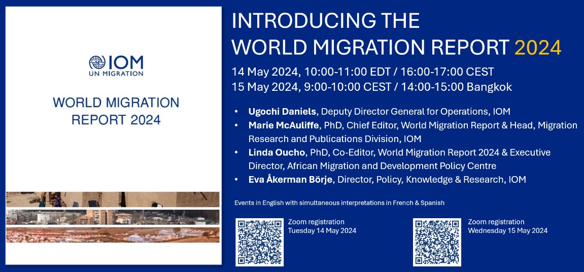 Following the release of the #WMR2024 by @IOMchief in Bangladesh, join us for two public virtual events providing an overview of the report. Session 1, 14 May 2024, 16:00-17:00 CEST bit.ly/3Wx19D8 Session 2, 15 May 2024, 9:00-10:00 CEST bit.ly/3wxqG4n