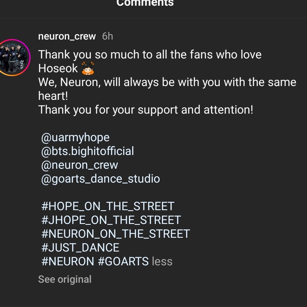 Neuron crew about Hobi on ig: 👤:'Thank you so much to all the fans who love Hoseok. 🙇 We, Neuron,will always be with you with the same heart! Thank you for your support and attention!' OMG🥹😭