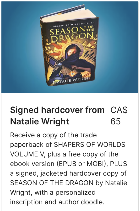 ewillett's tweet photo. One day left in SHAPERS OF WORLDS #Kickstarter! https://t.co/auZQjso5L0 Final featured contributor: @NatalieWright_ award-winning author of SEASON OF THE DRAGON (2023) and podcast host. Backers' reward remaining: at CA$65, a signed hardcover. Our chat: https://t.co/0ZJtX7tFIj https://t.co/nfJ6RR2SLJ