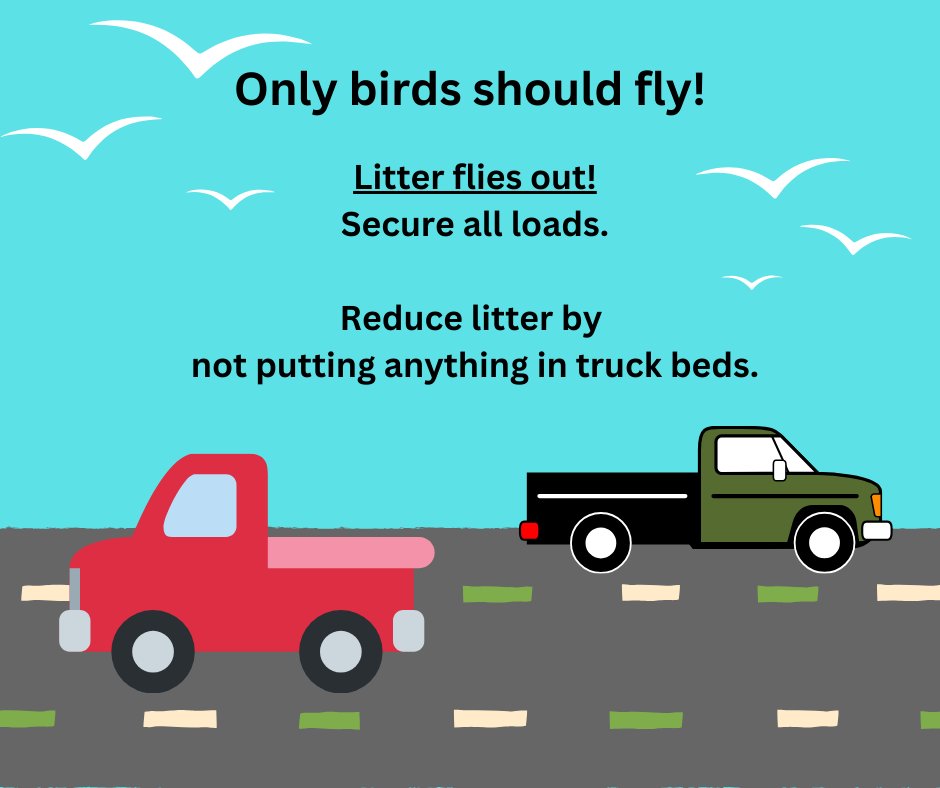 Wasteless Wednesday Tip! ♻️

Keep bottles, cans, and other items out of your truck bed so they can't blow out and become litter!

Also- secure your load when you visit our transfer station. If your load is above your truck or trailer walls, it needs to be secured.