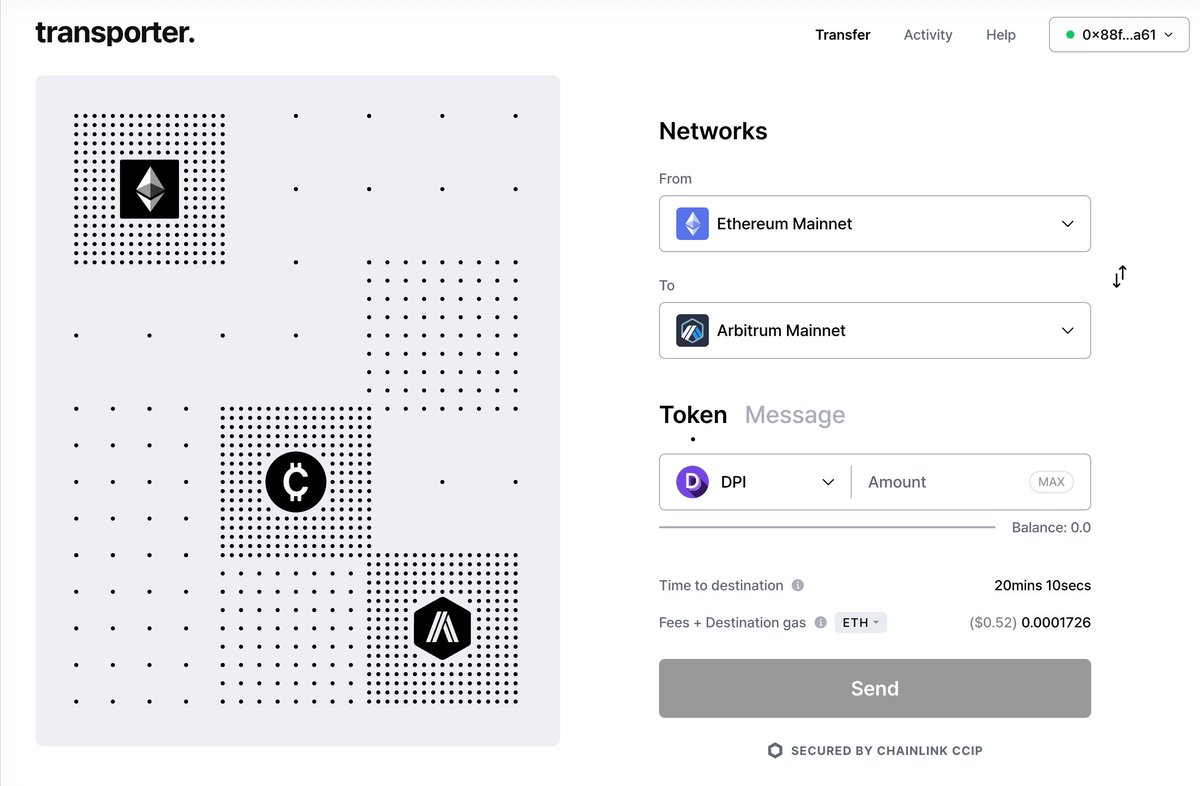 How do you bridge your DPI from mainnet to @arbitrum to start earning ARB rewards? Cross chains with confidence using Chainlink CCIP 🌉: app.transporter.io/?from=mainnet&…