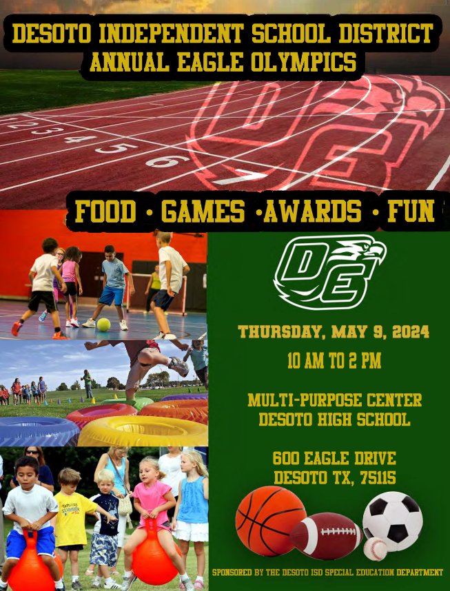DeSoto Special Populations (@specpop_deisd) on Twitter photo Let's Get Ready.....Eagle Olympics on Deck!
<a href="/desotoisdeagles/">DeSoto ISD</a> <a href="/usamahrodgers/">Dr. Usamah Rodgers</a> <a href="/StephanieM_111/">Stephanie McCloud</a> <a href="/FullerSteph27/">STEPHANIE FULLER</a> Let's Get Ready.....Eagle Olympics on Deck!
<a href="/desotoisdeagles/">DeSoto ISD</a> <a href="/usamahrodgers/">Dr. Usamah Rodgers</a> <a href="/StephanieM_111/">Stephanie McCloud</a> <a href="/FullerSteph27/">STEPHANIE FULLER</a>