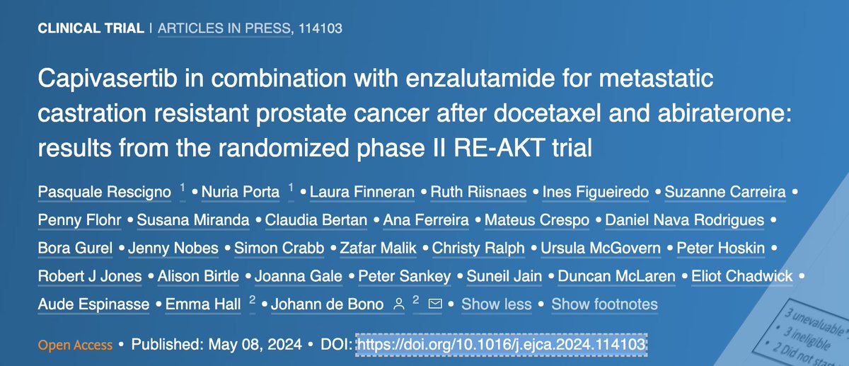 ❌A negative trial... ⏩ Phase-II RE-AKT trial ⏩Metastatic castration resistant patients who have progression after docetaxel and abiraterone ⏩ Enzalutamide + capivasertib vs. enzalutamide + placebo ❌ Adding capivasertib to enzalutamide did not improve the oncological