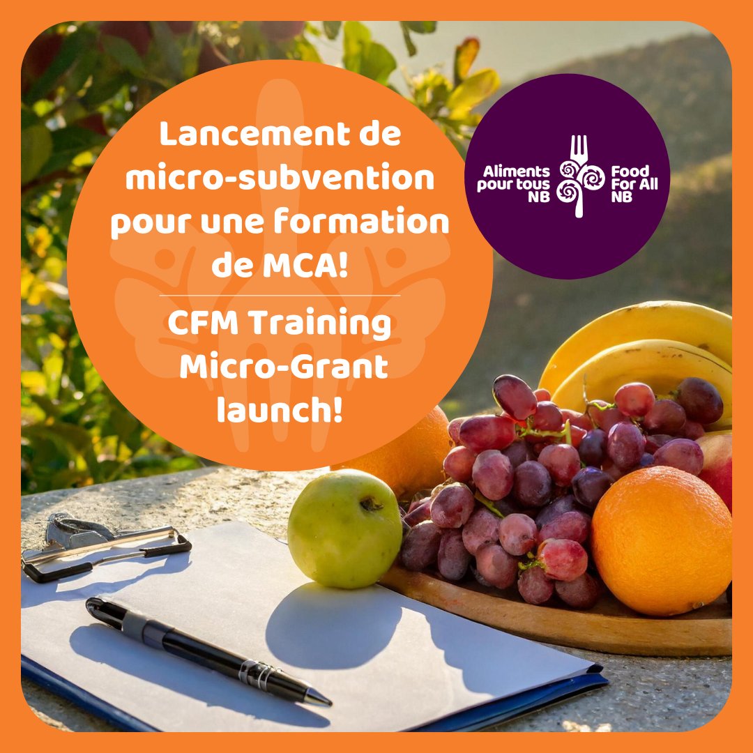 Food For All NB is offering three micro-grants of $1500 each to support Community Food Mentor (CFM) Trainings in New Brunswick!! DEADLINE: May 20. Learn more: foodforallnb.ca/cfm/program/cf…