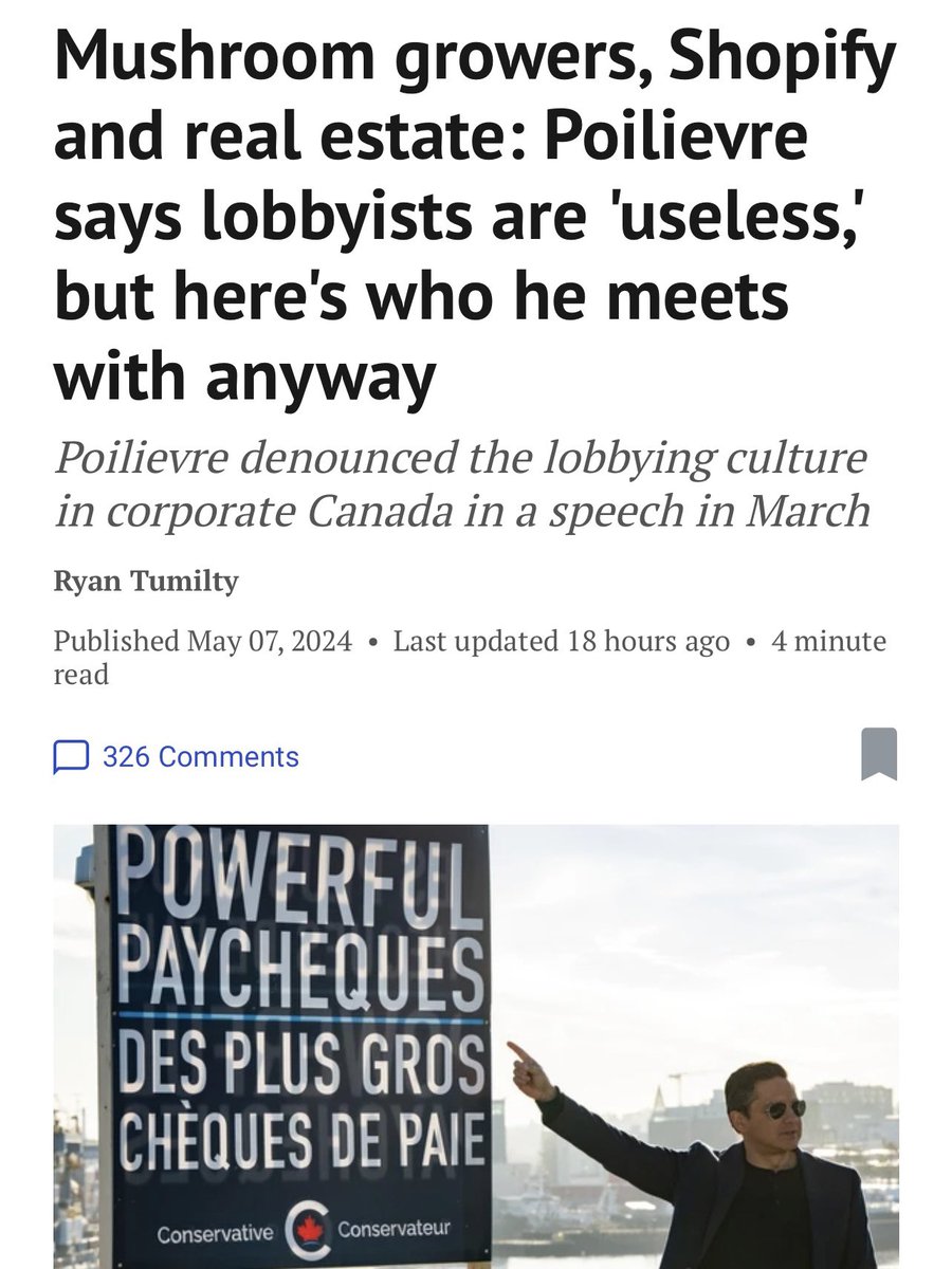 Typical fake Conservative hypocrisy. “Conservative Leader Pierre Poilievre’s view of lobbyists as “useless and overpaid” hasn’t stopped him from meeting with them, according to records in Canada’s lobbyist registry.”