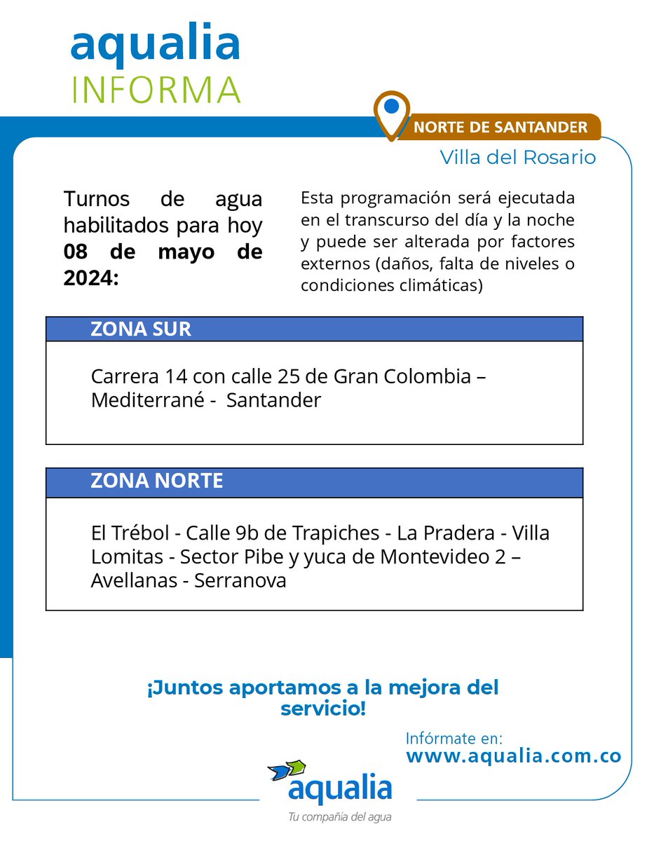 #AqualiaCol_Informa 🇨🇴 | 8 de mayo #NortedeSantander 📣 Infórmate aquí con nuestro último aviso para #VilladelRosario. 

#AqualiaColombia
