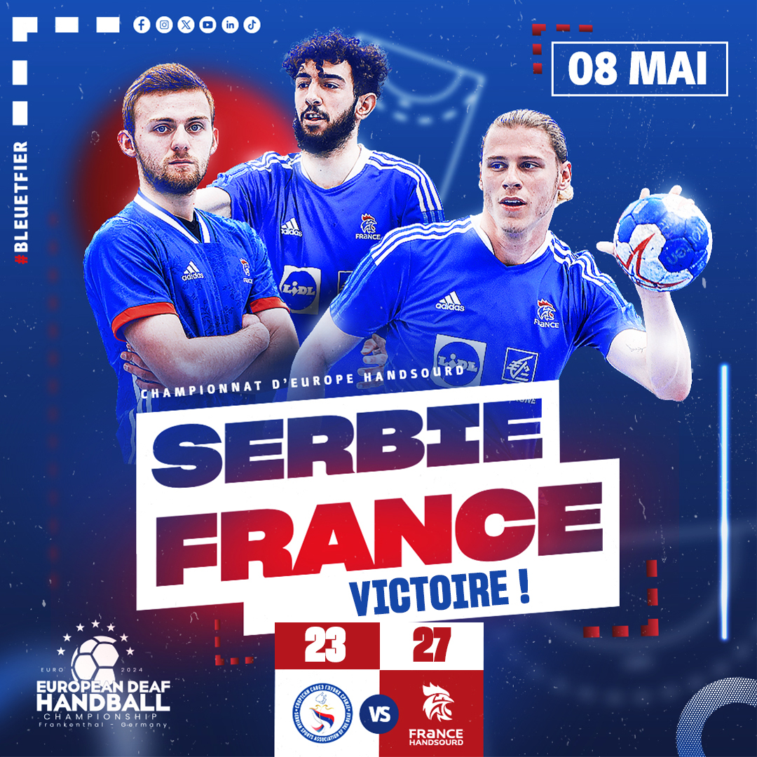 FIN DU MATCH | 🇷🇸 23 - 27 🇫🇷 L'Équipe de France HandSourd s'impose face à la Serbie dans ce troisième match du championnat d'Europe. Bravo les gars !! 👏💪 #BleuEtFier