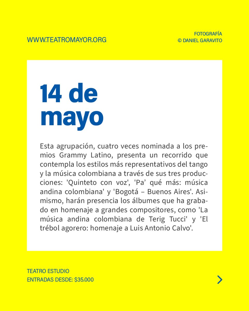 teatromayor's tweet photo. ¿Ya tienes tu entrada? 🤩 El #TeatroEstudio del #TeatroMayor recibirá al @Q_LFederico con 'Los cinco del quinteto', un concierto donde habrá variedad de géneros musicales, como el tango, el pasillo, el bambuco, el vals, la danza y el ragtime.

📌Entradas👉 https://t.co/ktXdM1iqYg https://t.co/4O7jk4z2uu