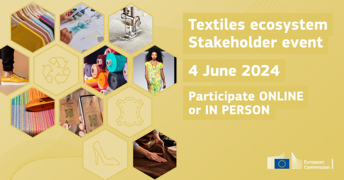 📌 #EUTextiles Stakeholder Event, 4 June 🇧🇪💻 Join us in Brussels or online for the latest news about our work on the #TransitionPathway, the EU Strategy for #Sustainable & Circular Textiles, and more! 📝 Register by 24 May 👉 europa.eu/!q34bJq