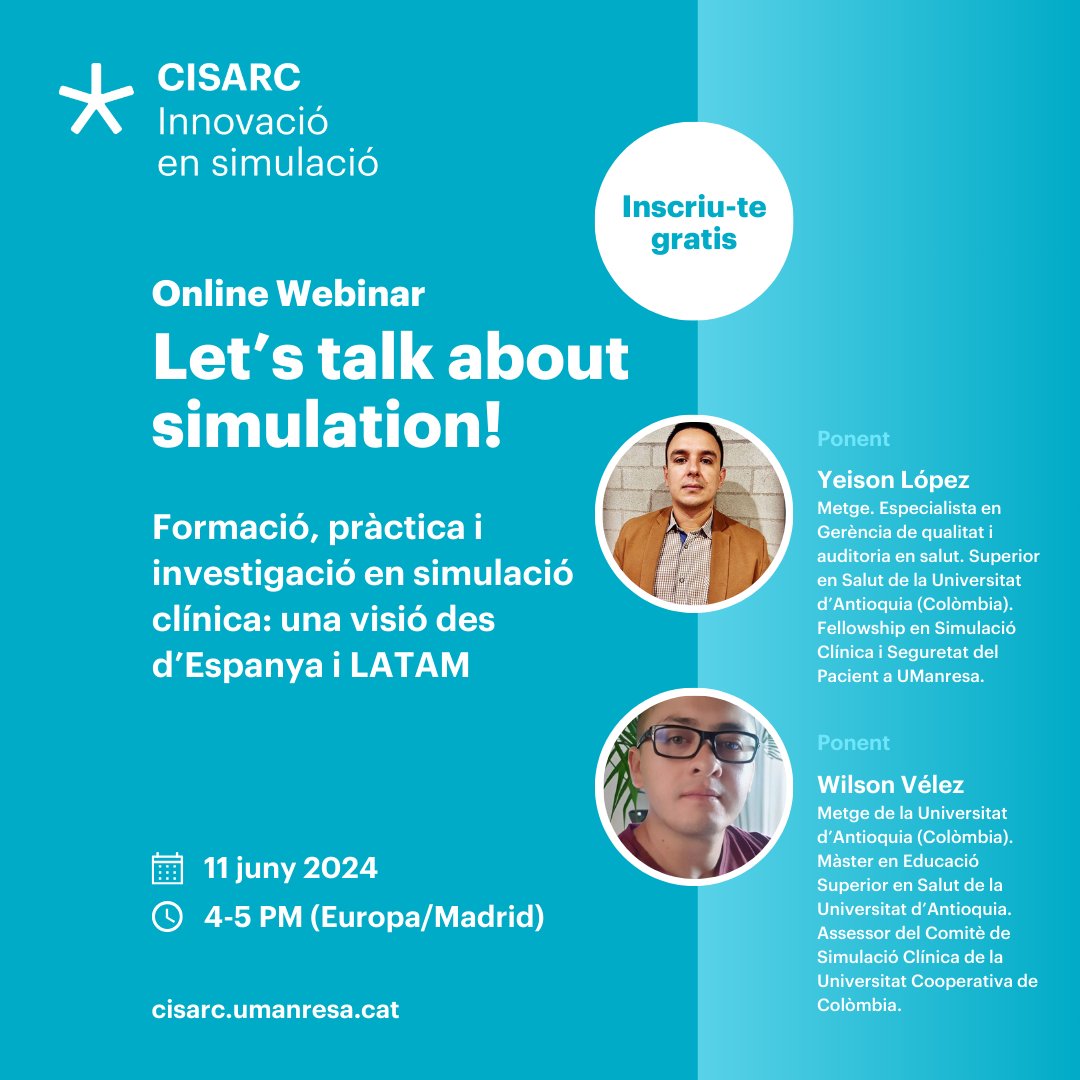 UManresa's tweet photo. SIMULACIÓ | Let's talk about simulation
"Formació, pràctica i investigació en simulació clínica: una visió des d'Espanya i LATAM" amb Yeison López i Wilson Vélez
🗓️ 11 de juny
⌚️ 16 h
https://t.co/hFbQ8LHHiA
#CISARC #simulacio https://t.co/nQe5G6T1dn