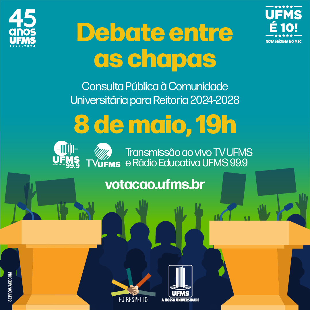 Participe do debate público entre os candidatos das chapas que concorrem a reitor e vice-reitor da UFMS hoje, às 19h! A transmissão será pela TV UFMS e pela Rádio Educativa UFMS 99.9. 🔗 Confira: link.ufms.br/2K92P