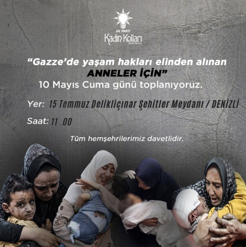 🗓 10 Mayıs Cuma 

🕚 11.00

📍15 Temmuz Delikliçınar Şehitler Meydanı 

Gazze 'de yaşam hakları elinden alınan "ANNELER İÇİN " toplanıyoruz. 🇯🇴 🇹🇷

Tüm hemşehrilerimizi bekliyoruz.💪